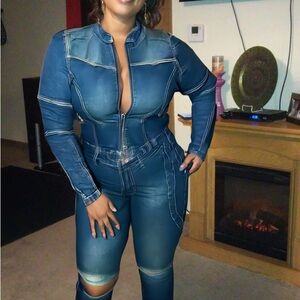 Women’s Dark Teal Denim-Style Jumpsuit